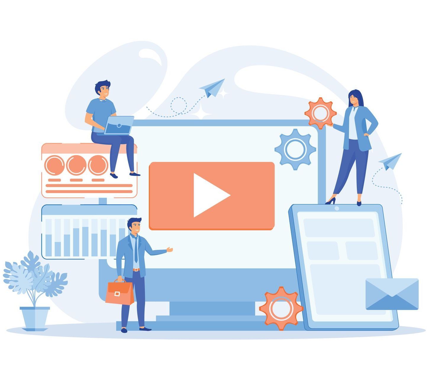 A vector image of an expert team producing a virtual learning event