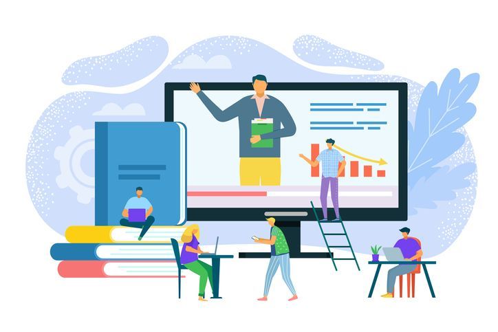 A vector image of an expert team producing a virtual learning event