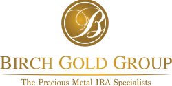Birch Gold Group logo with gold monogram and tagline “The Precious Metal IRA Specialists”