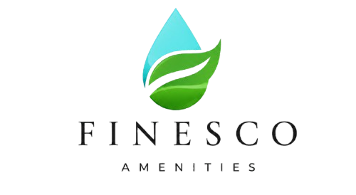 Logotipo de Finesco Amenities con un icono de gota de hoja azul y verde sobre fondo blanco.