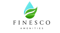 Logotipo de Finesco Amenities con un icono de gota de hoja azul y verde sobre fondo blanco.
