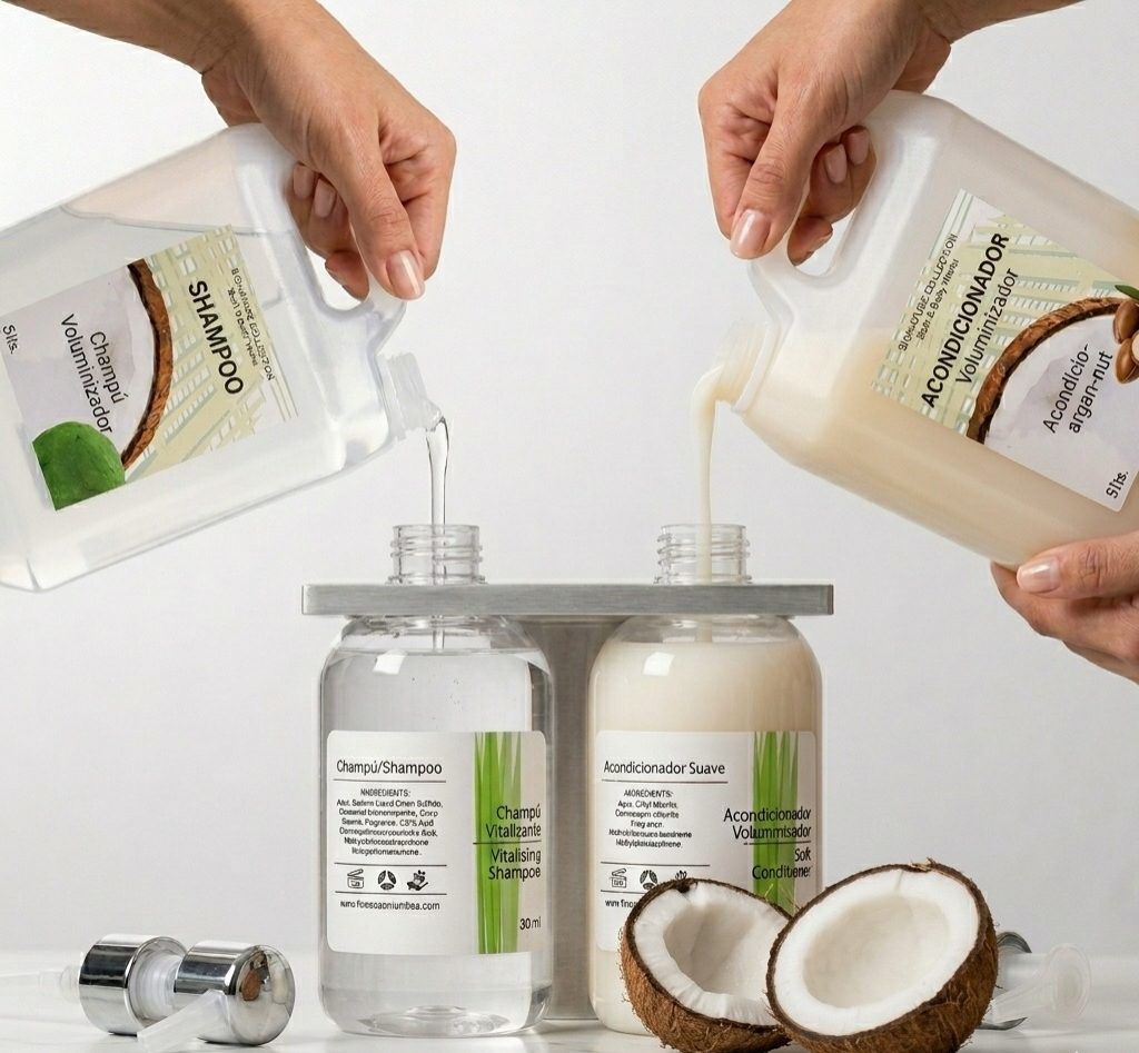 Manos vertiendo líquidos claros y blancos en dos botellas junto a mitades de coco sobre un fondo blanco.