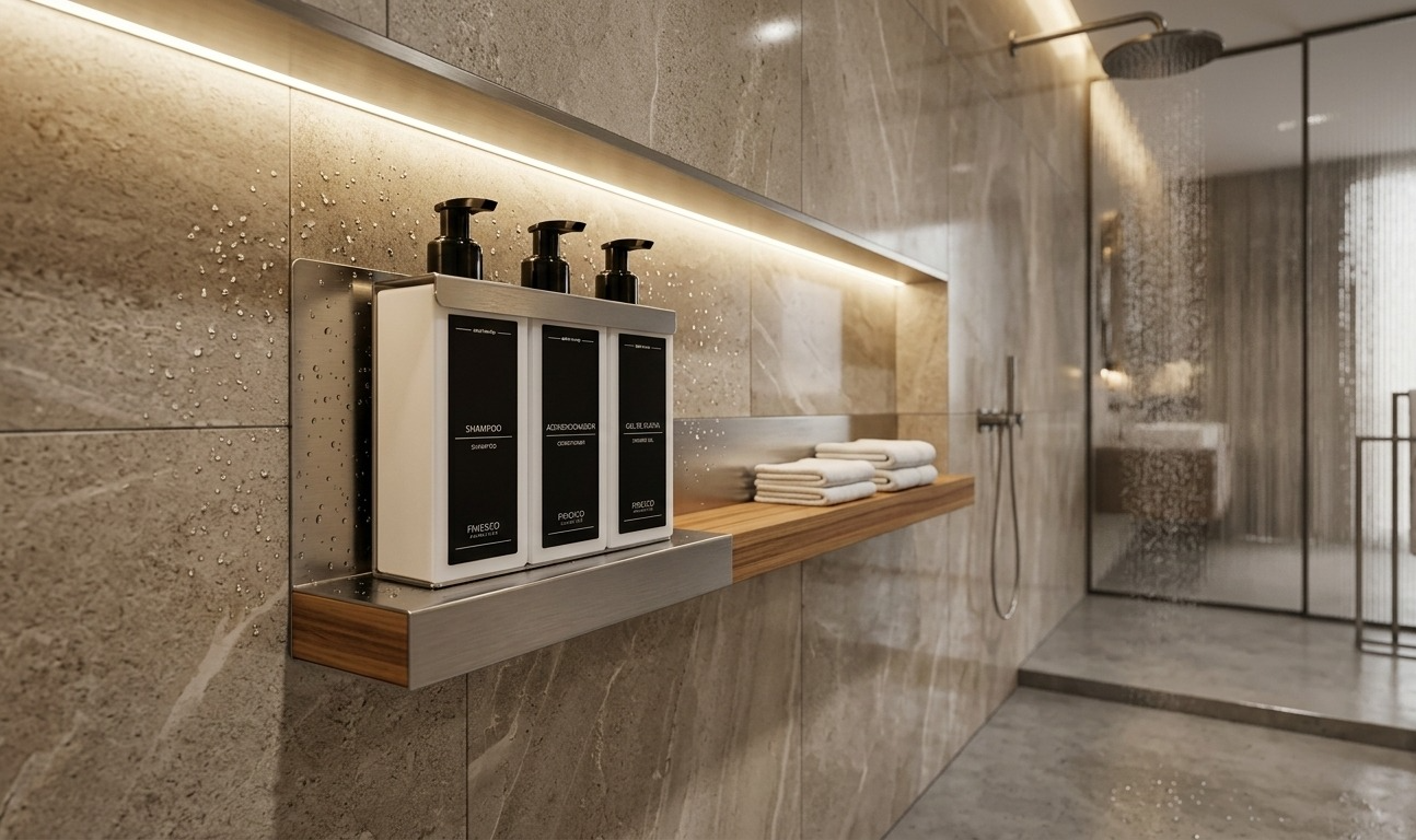 Baño moderno tipo spa con dispensadores de jabón, toallas e iluminación cálida de piedra.