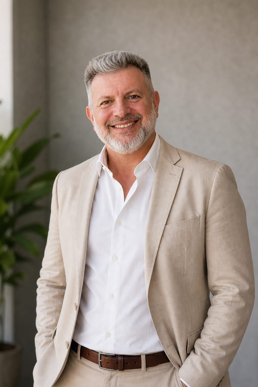 Hombre sonriente con chaqueta beige y camisa blanca de pie contra una pared neutra, con una planta al fondo.