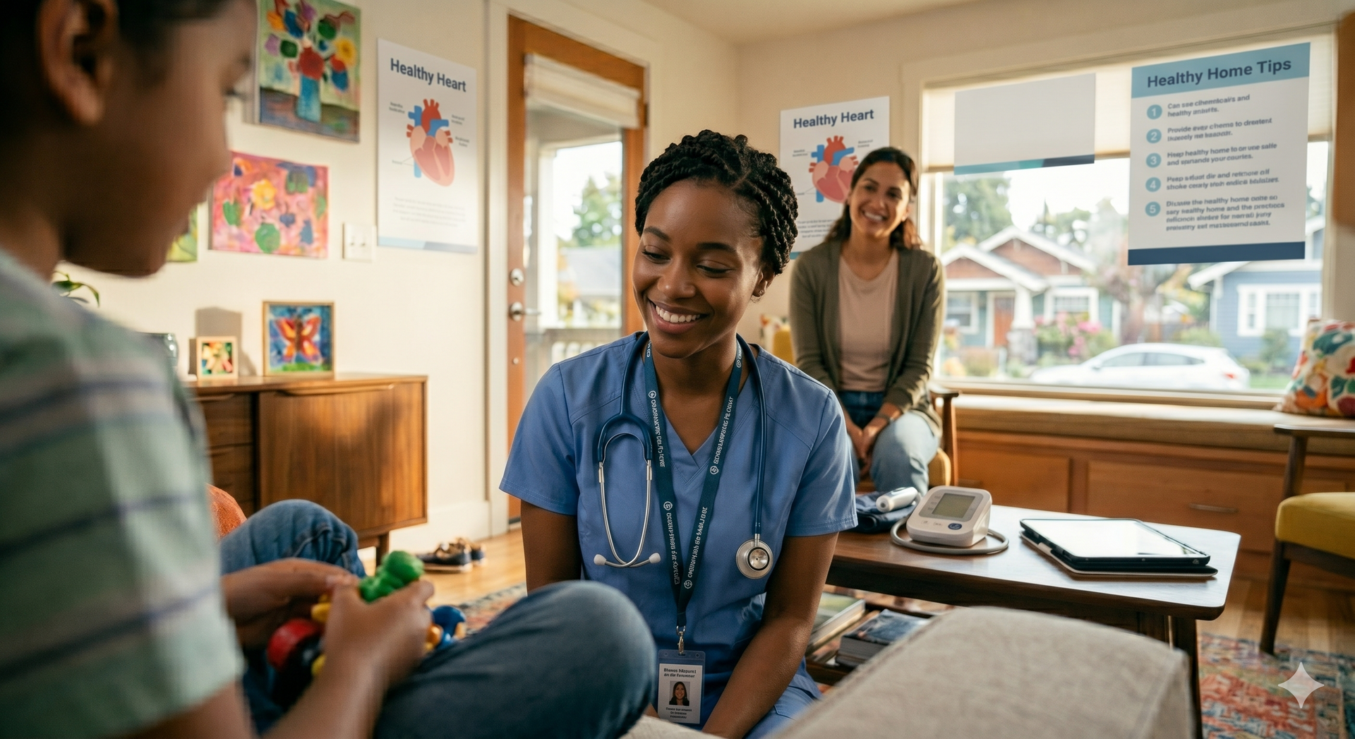 A caregiver in a navy polo shirt smiles while assisting an elderly person with a meal at a table.