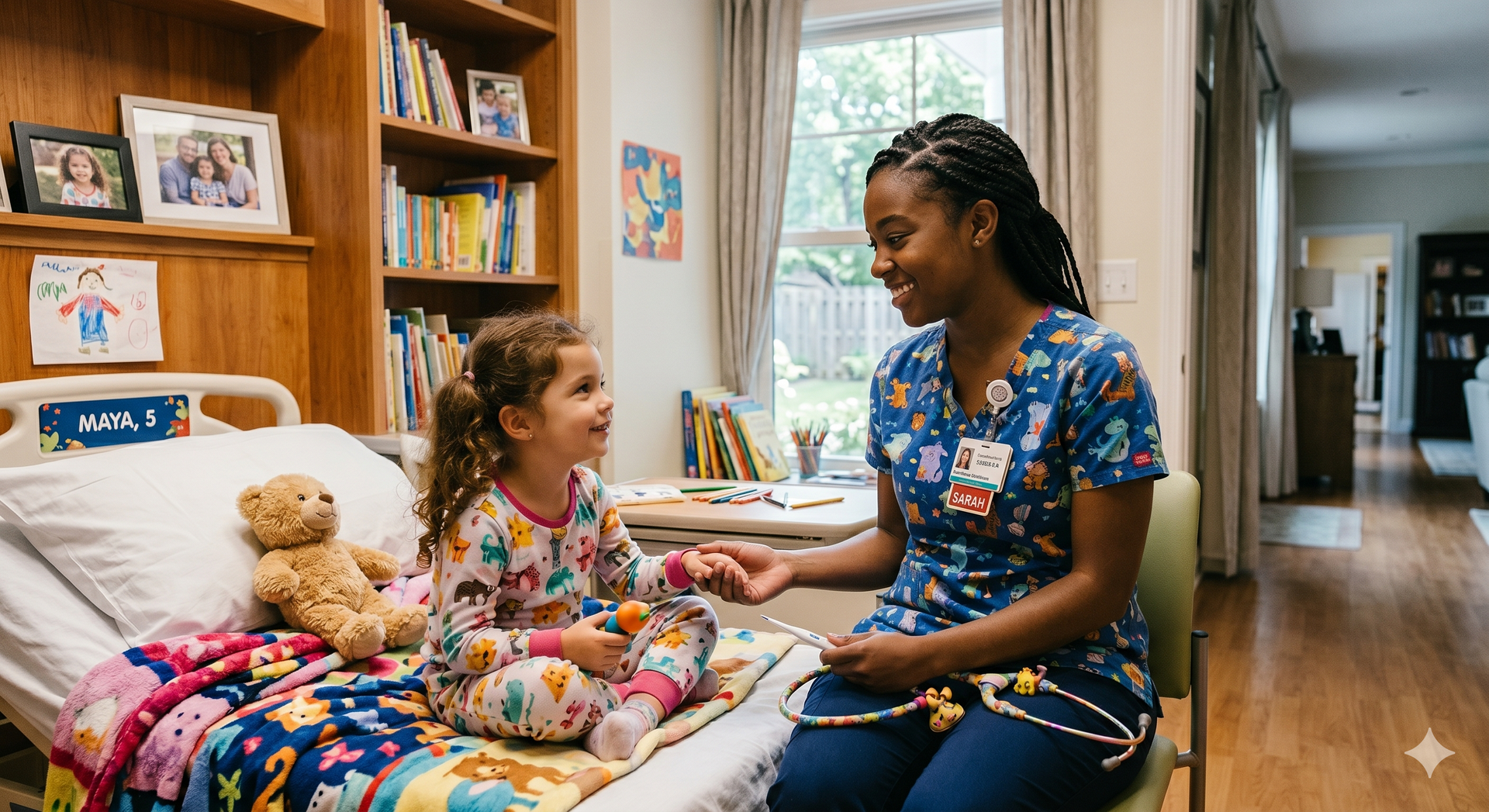 A healthcare worker in blue scrubs sits on a sofa, reviewing notes with an older patient in a bright, modern living space.