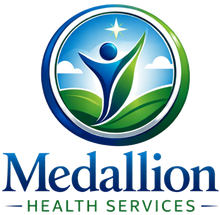 Logo for Medallion Health Services featuring a blue heart cradled by an abstract hand, text below in blue.