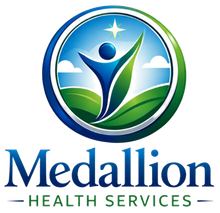 Logo for Medallion Health Services featuring a blue stylized hand cradling a blue heart, with text below.
