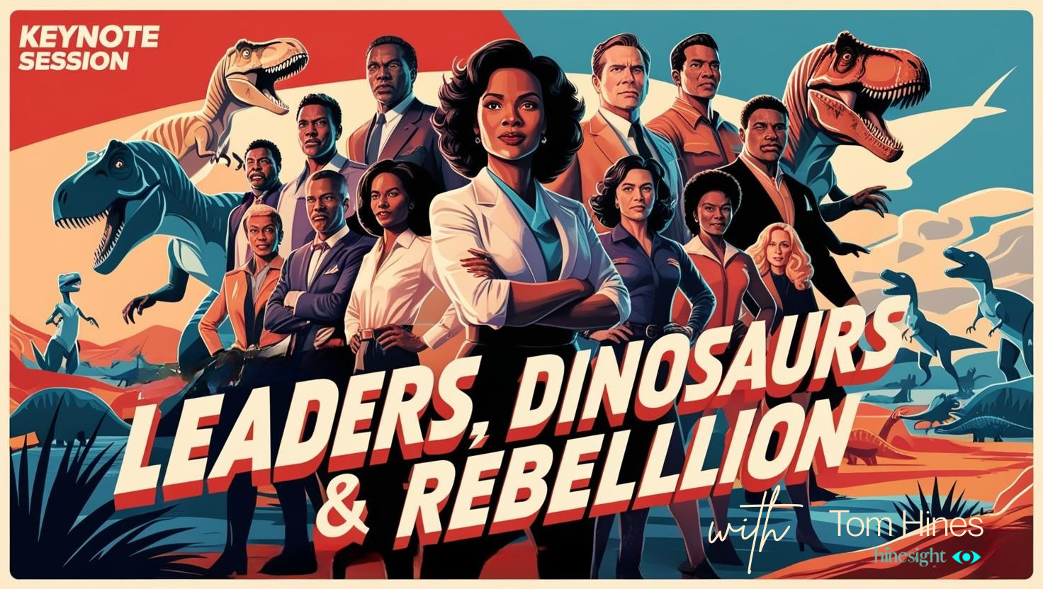 Keynote session graphic: Leaders, dinosaurs, and rebellion. People stand with dinosaurs, bold text, and a vintage style.