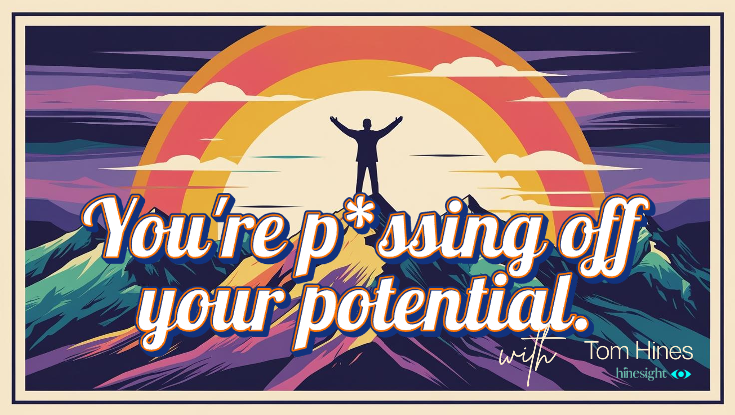 Pixelated graphic of person atop mountain reaching toward rainbow, text:
