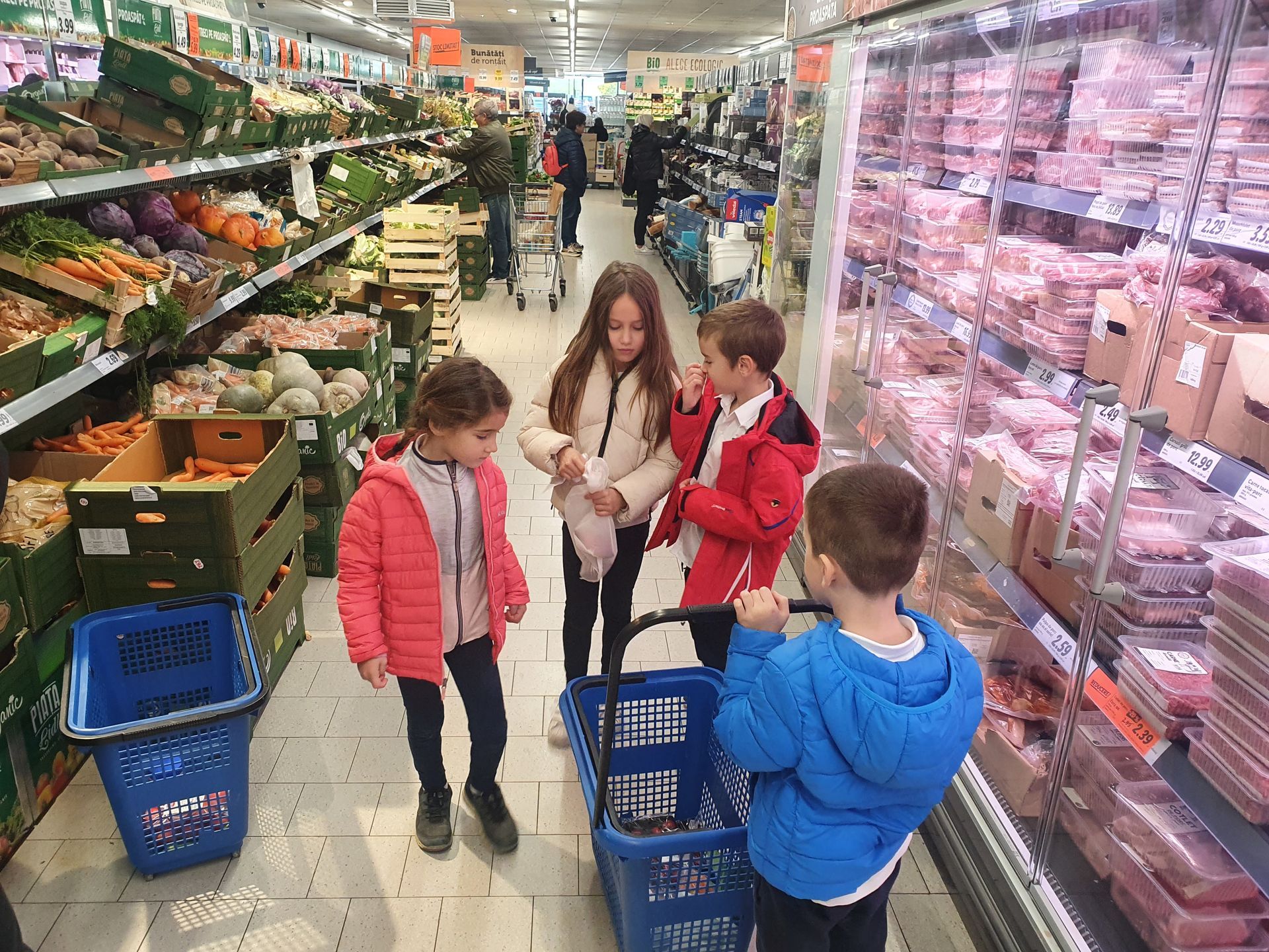 A group of children are shopping in a grocery store.