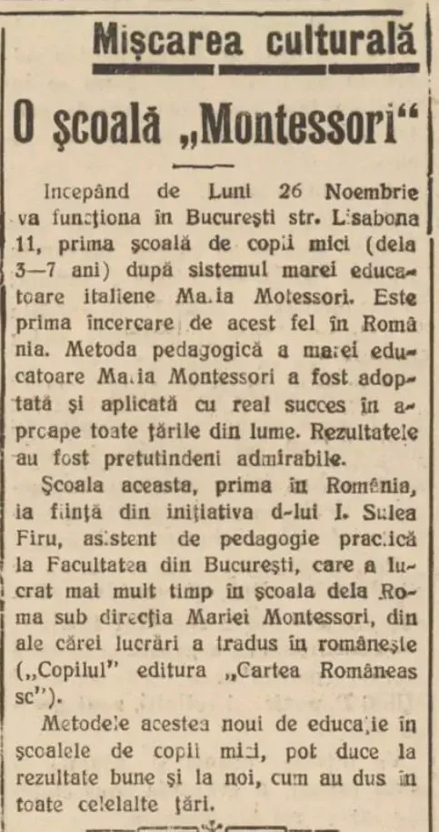Un articol de ziar despre Metodologia Montessori in Romania