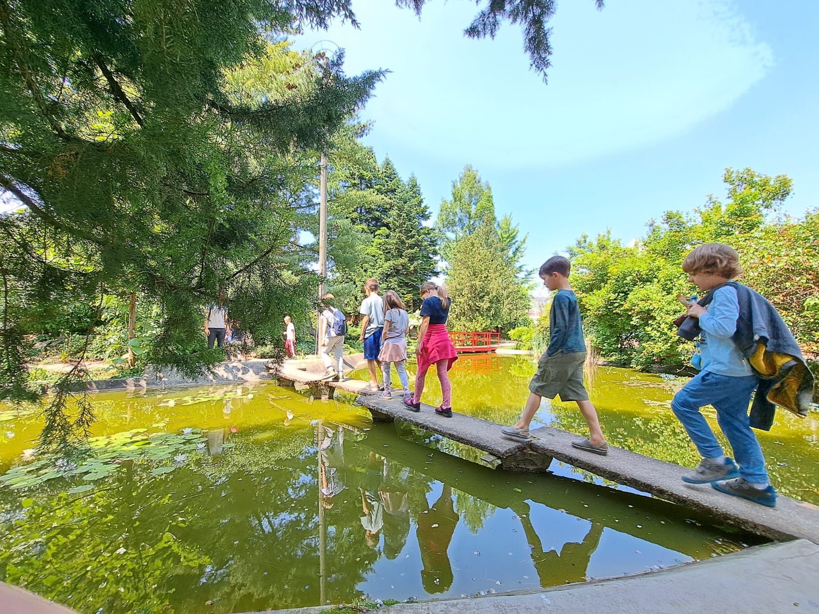 A group of children are walking across a wooden bridge over a pond.