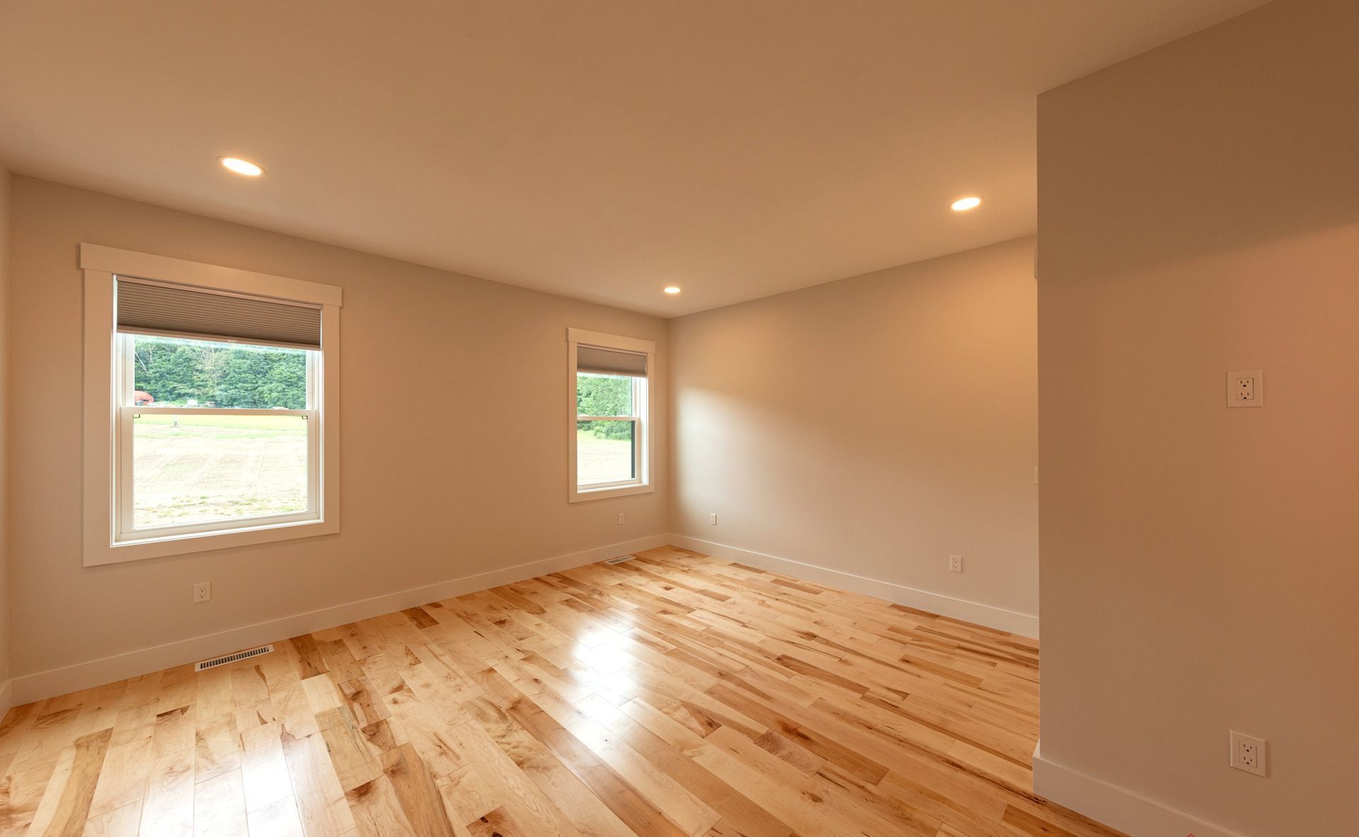 Empty room with light wood floors, two windows with shades, and recessed lighting. Walls are a neutral color.