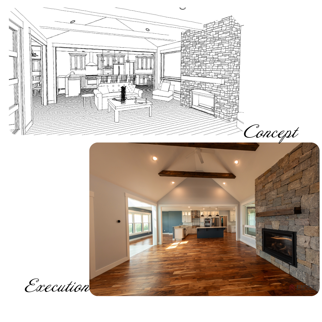 Comparison of a living room concept sketch to its execution: a room with a stone fireplace and wooden floors.