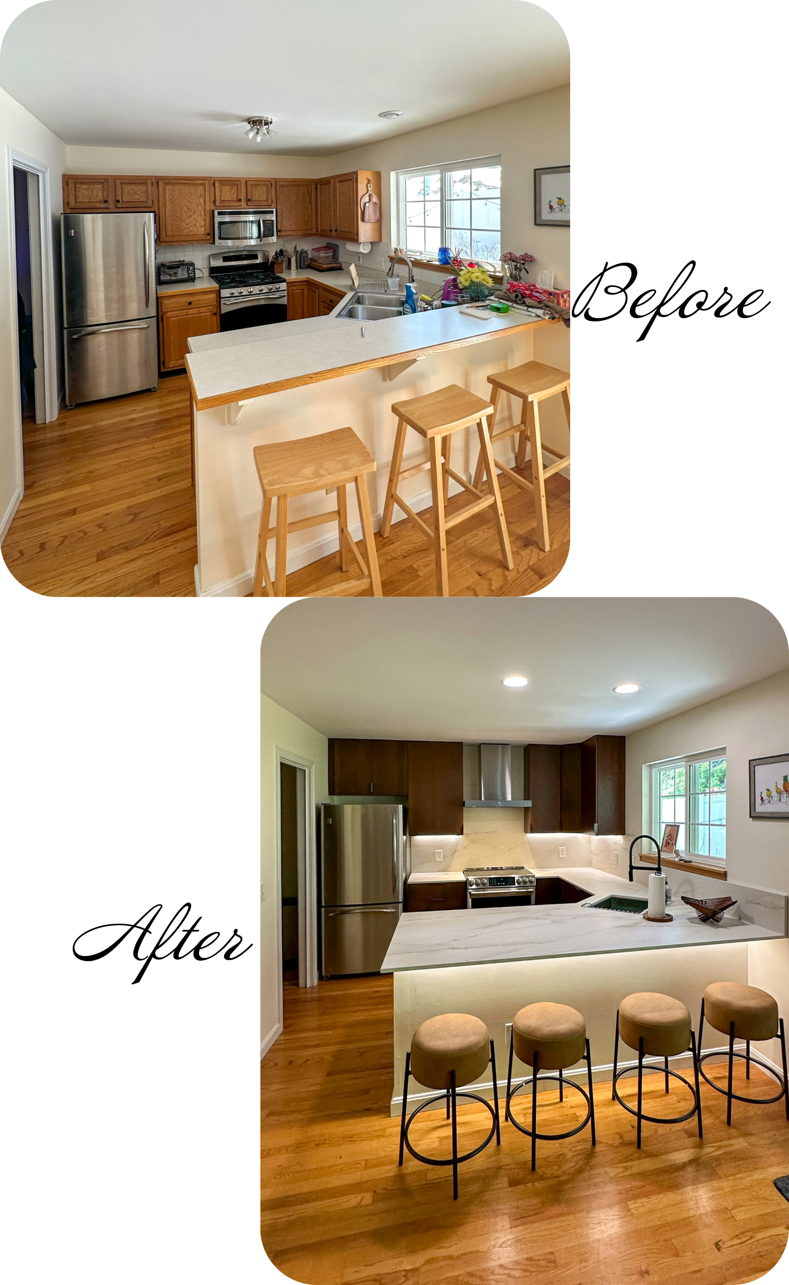 Before-and-after kitchen renovation: Top shows outdated wooden cabinets. Bottom features updated dark cabinets, light countertops, and modern bar stools.