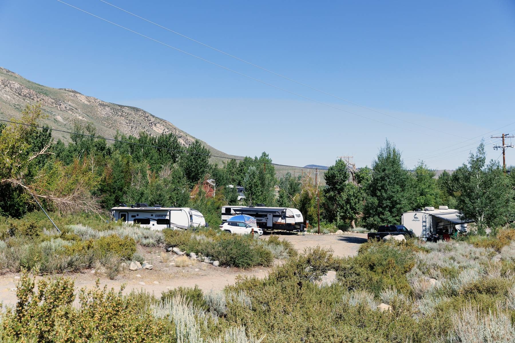 A group of rvs are parked in a field with trees in the background.
