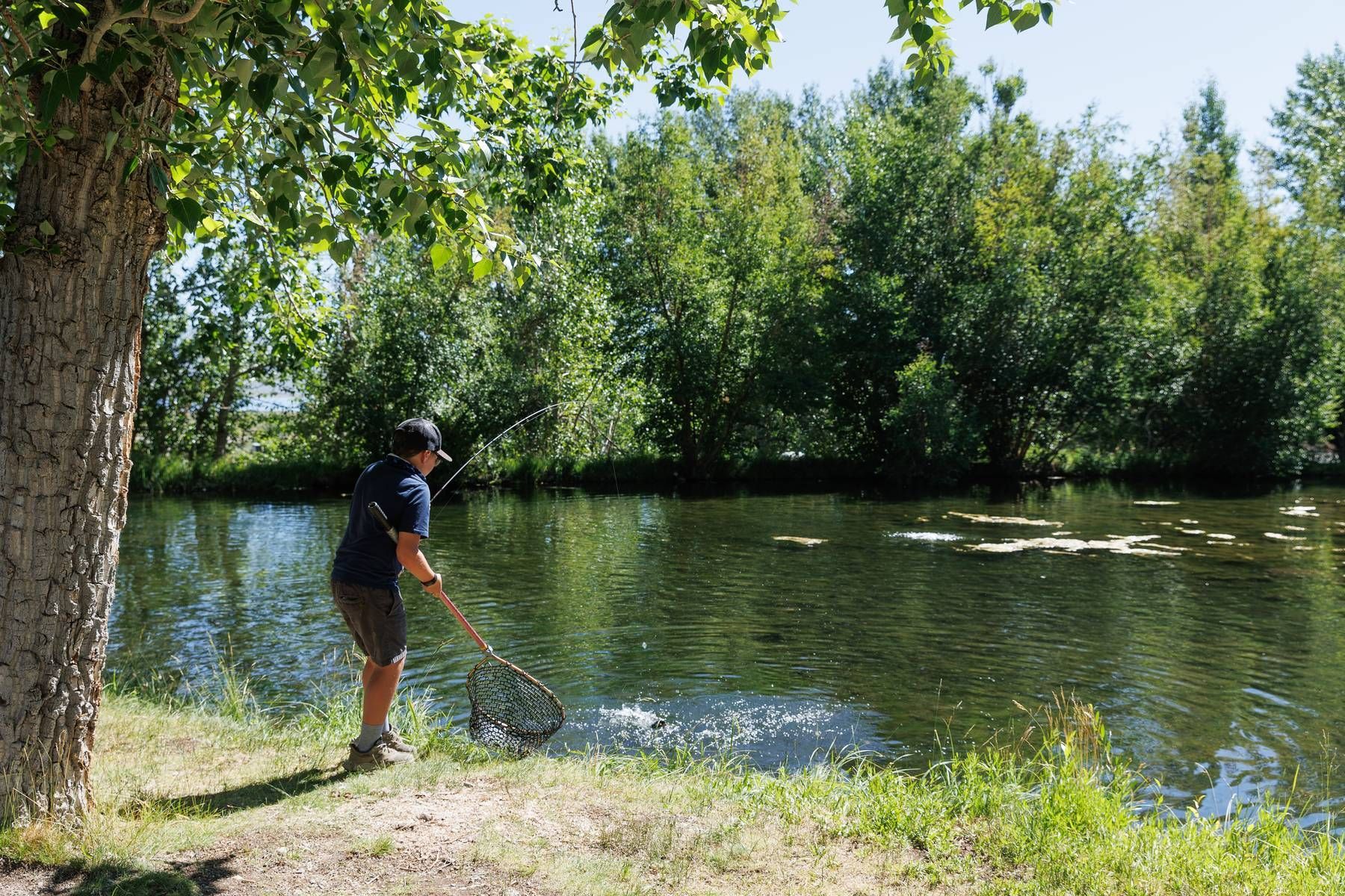 A man is fishing in a lake with a net.