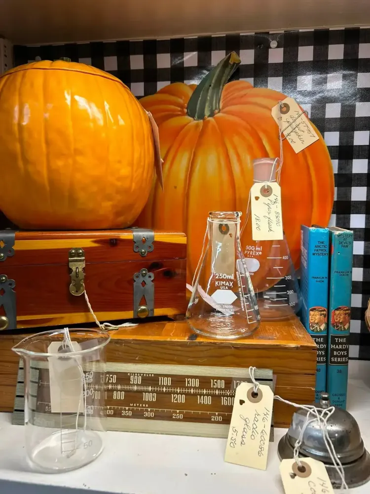 Pumpkins on stacked wooden trunks with glassware and antique items on a checkered cloth backdrop