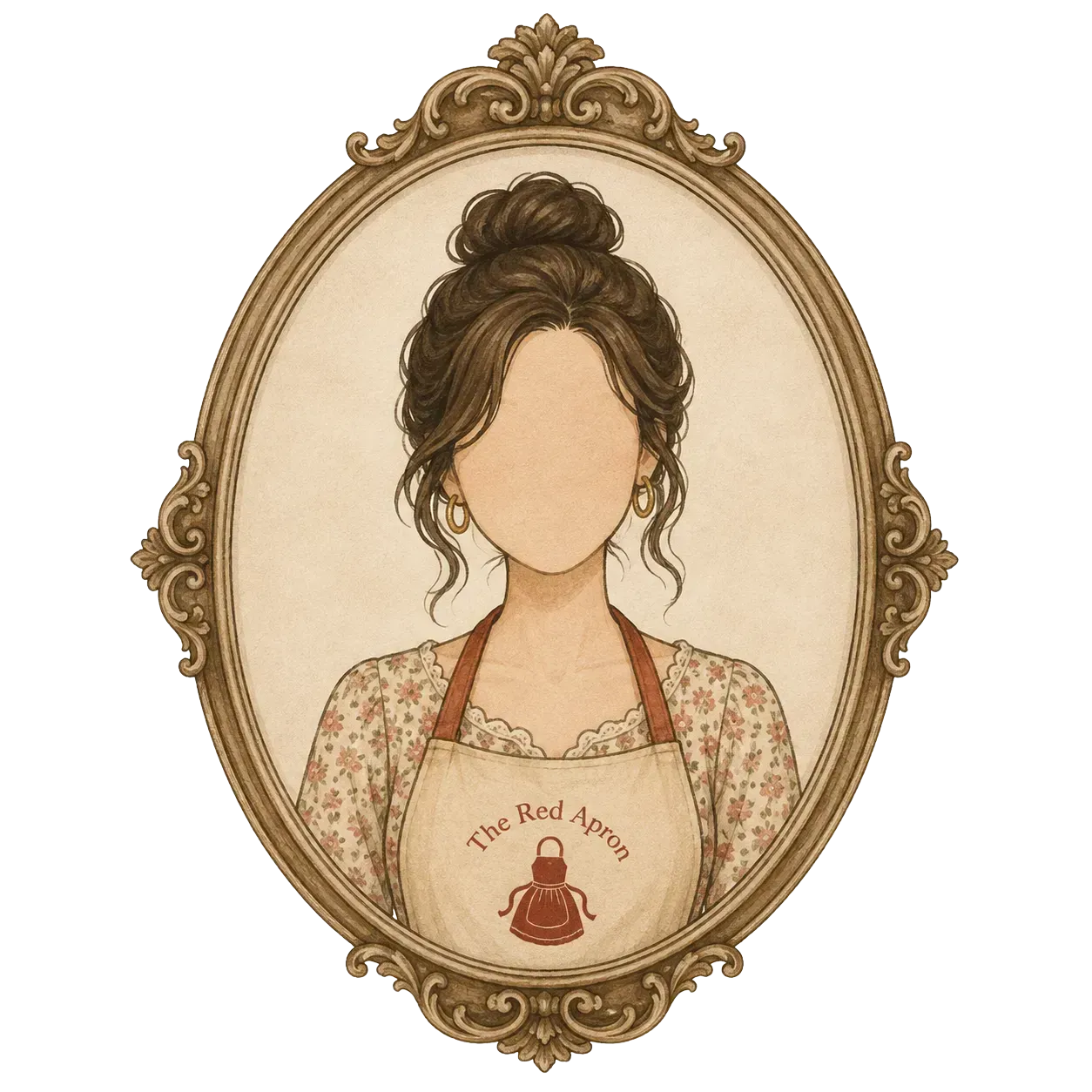 Illustrated woman with a bun in an ornate oval frame, wearing a cream apron.