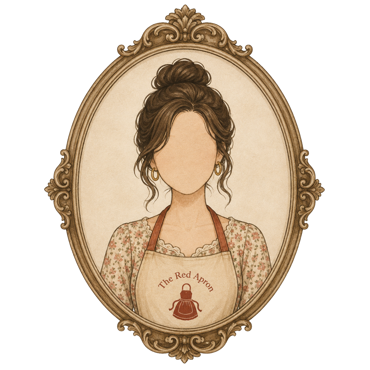Illustrated woman with a bun in an ornate oval frame, wearing a cream apron.
