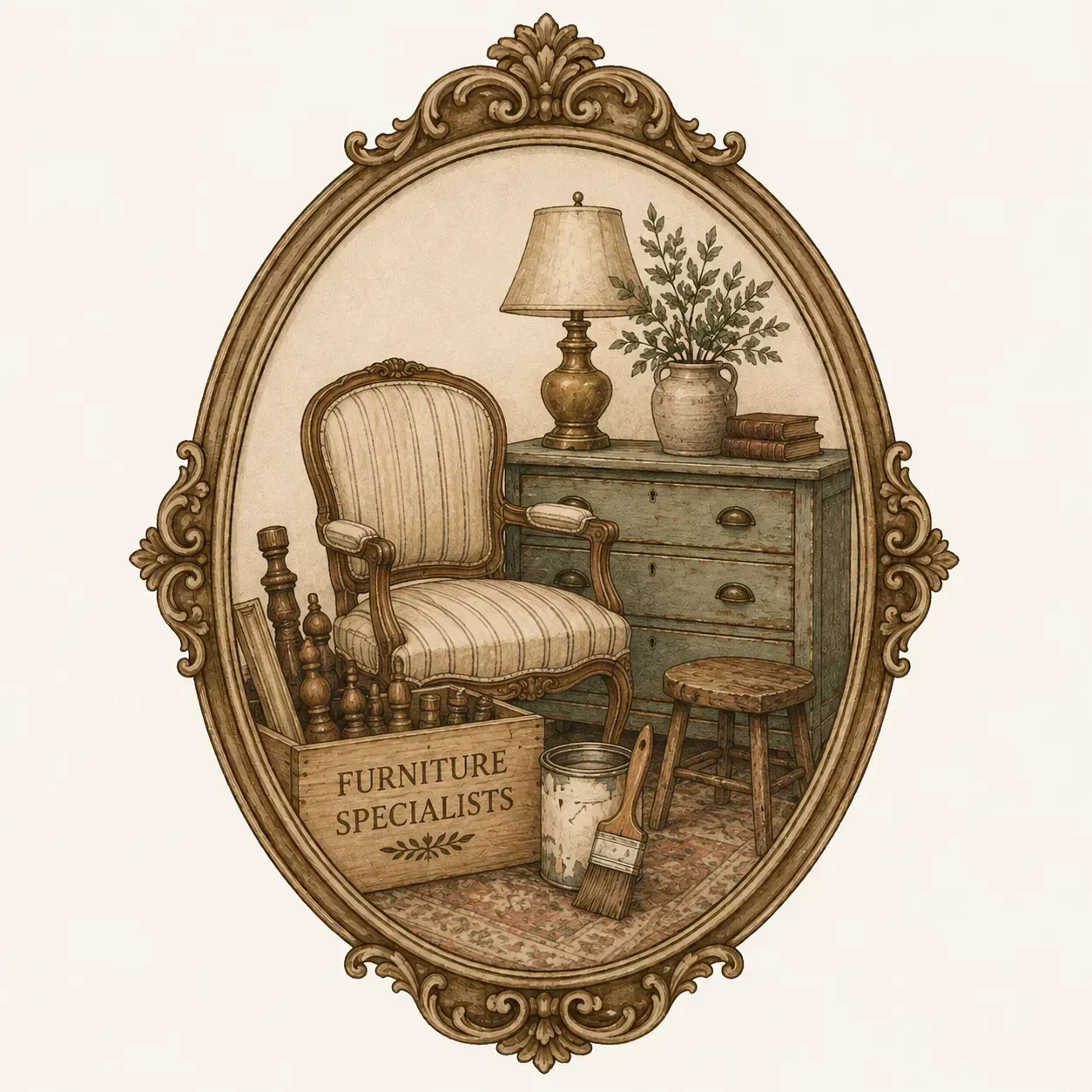 Ornate oval-framed still life of coffee tools, mugs, plants, and jars in sepia tones