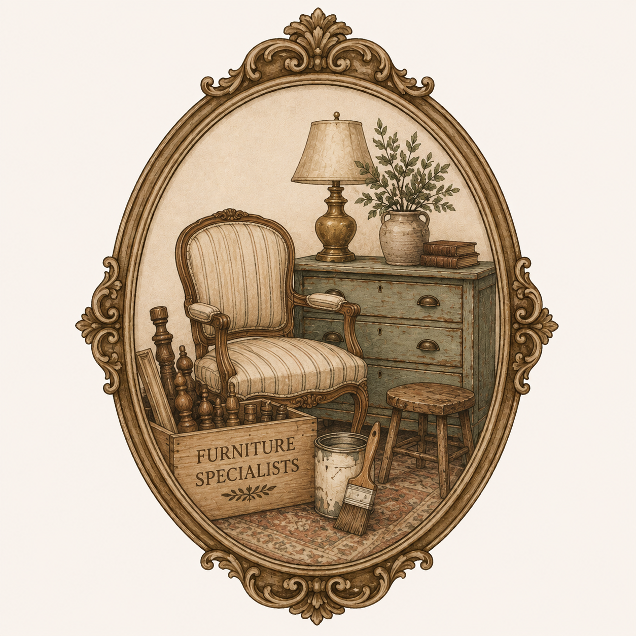 Ornate oval-framed still life of coffee tools, mugs, plants, and jars in sepia tones