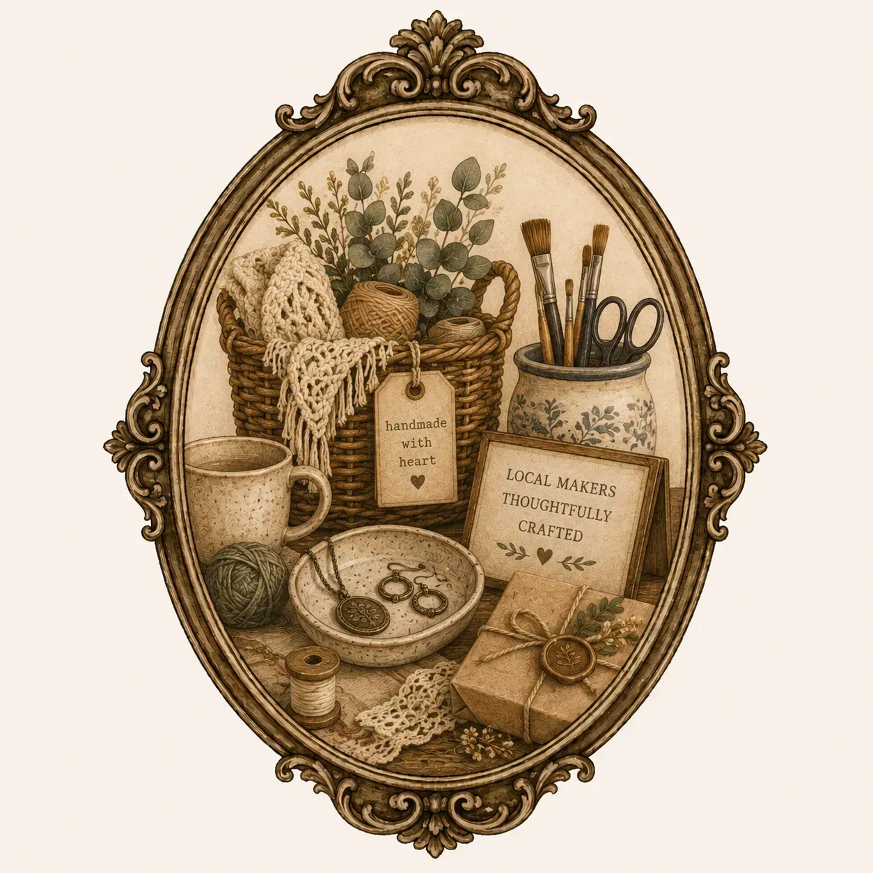 Ornate oval-framed still life of coffee tools, mugs, plants, and jars in sepia tones