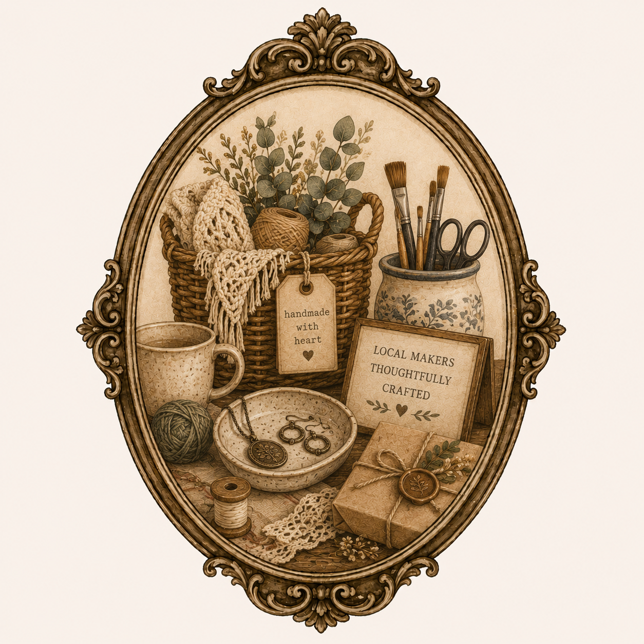 Ornate oval-framed still life of coffee tools, mugs, plants, and jars in sepia tones