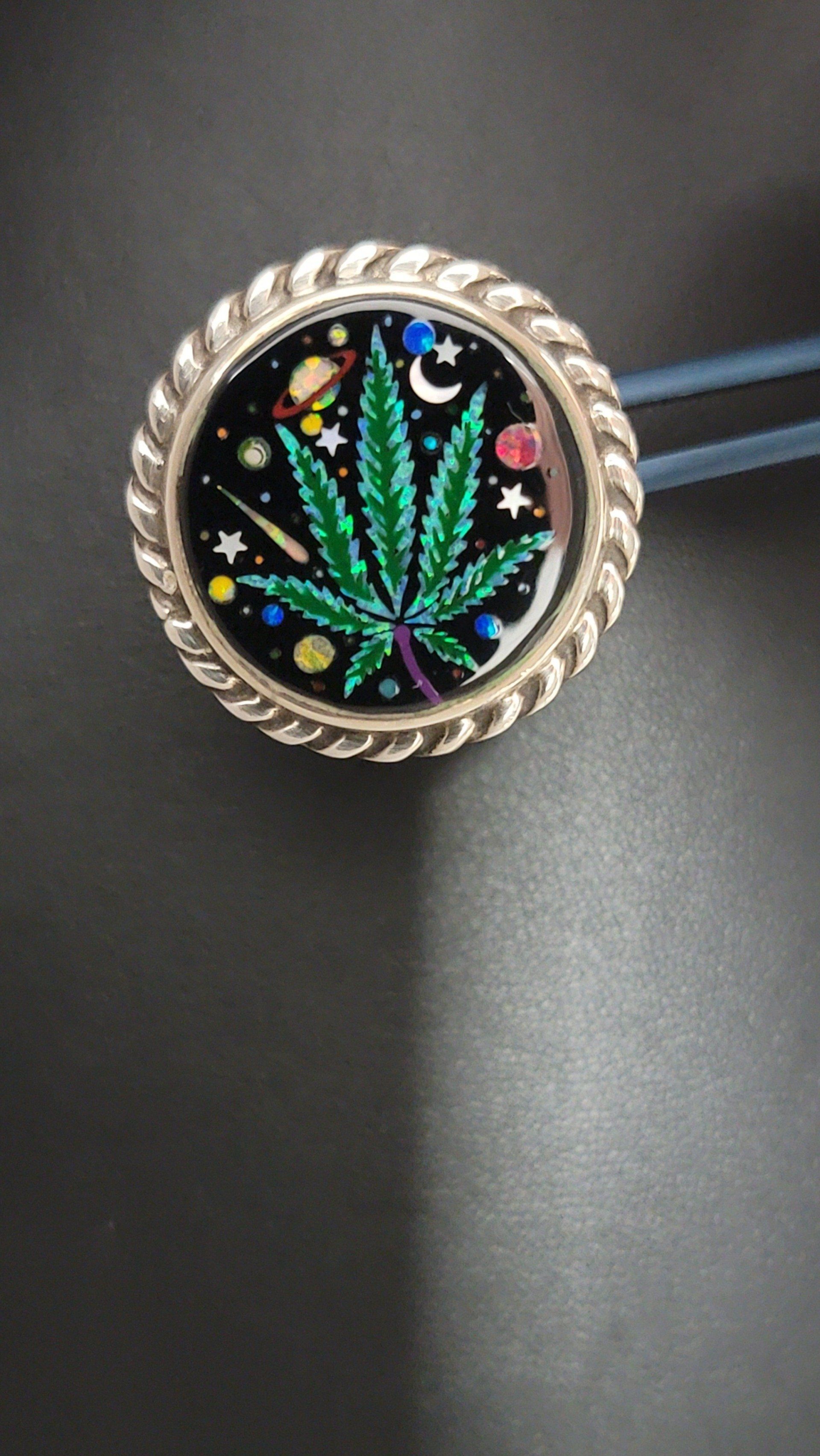 Cannabis leaf, with space-themed background in a silver, rope-edged frame.