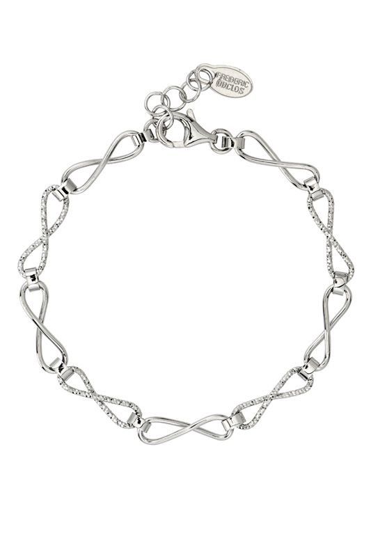 Silver infinity-link bracelet with textured details, lobster clasp closure.
