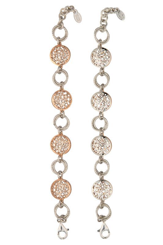 Two silver and crystal charm bracelets, one with rose gold accents.