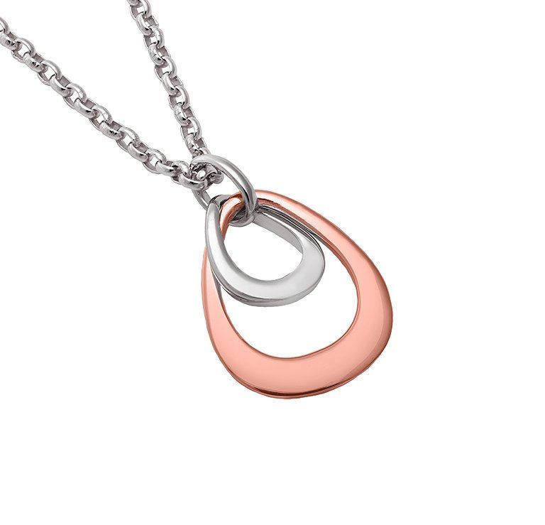 Silver necklace with overlapping teardrop pendants, rose gold and silver.