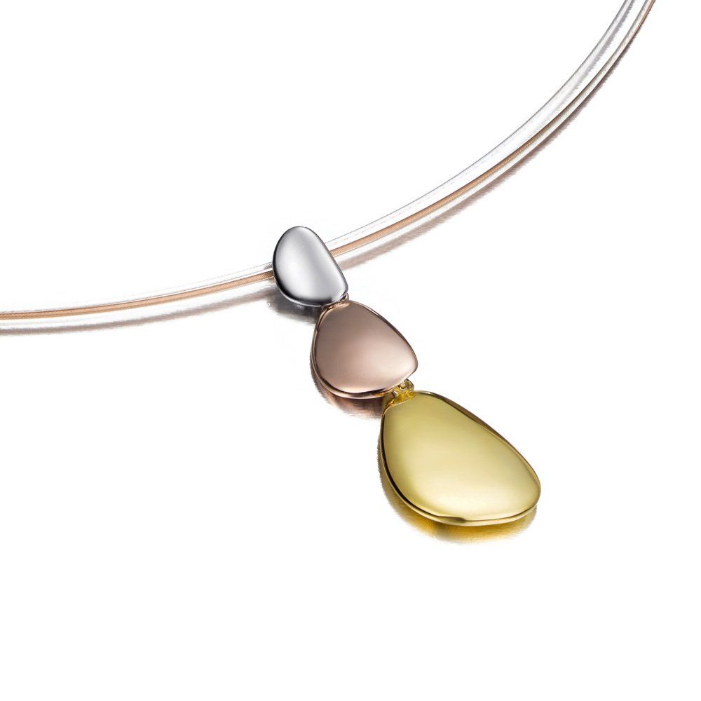 Silver, rose gold, and yellow gold pendant necklace with three irregularly shaped stones.