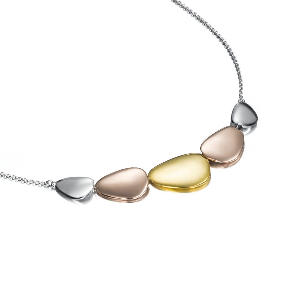 Necklace with five smooth, irregular pendants in silver, rose gold, and yellow gold.