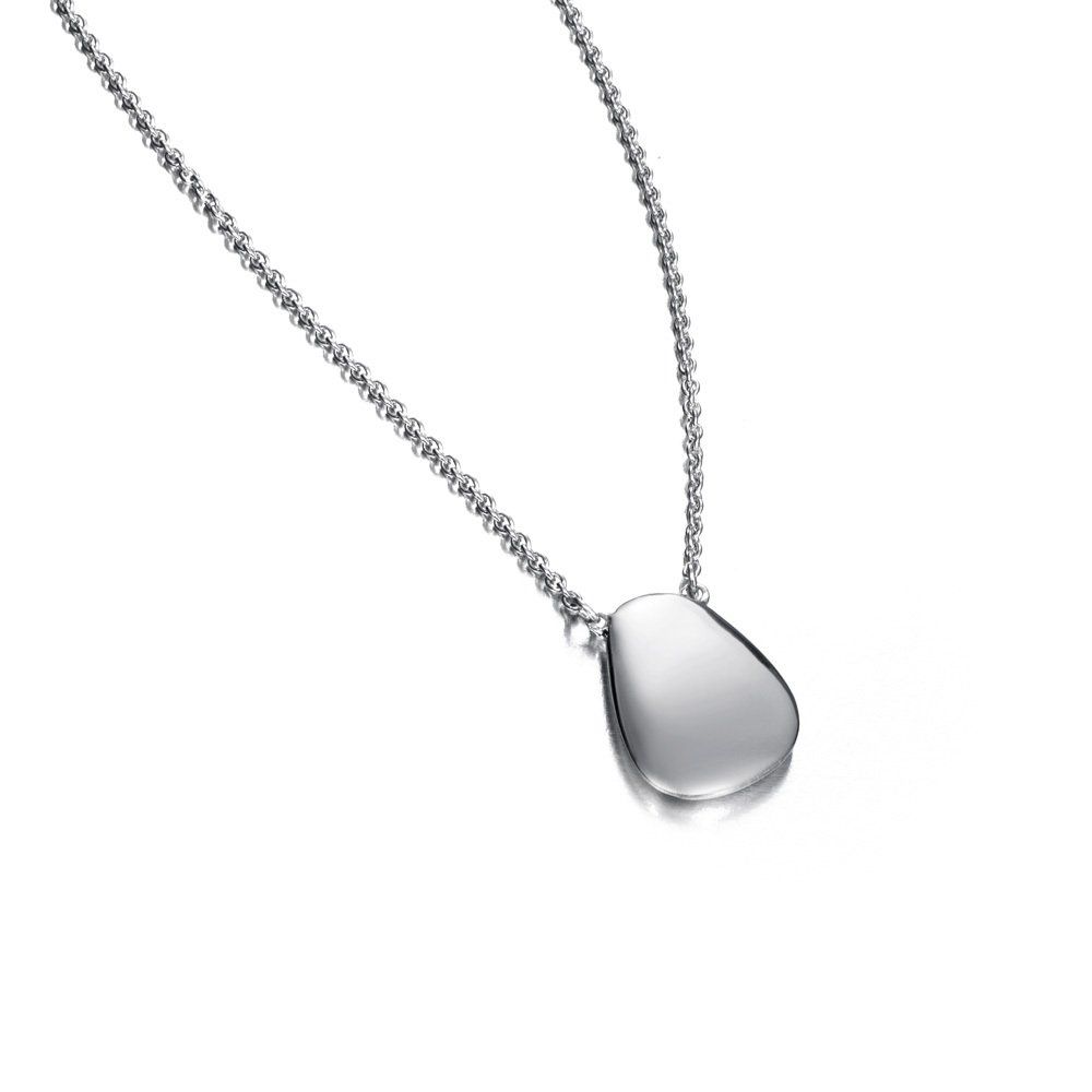 Silver teardrop pendant necklace on a white background.
