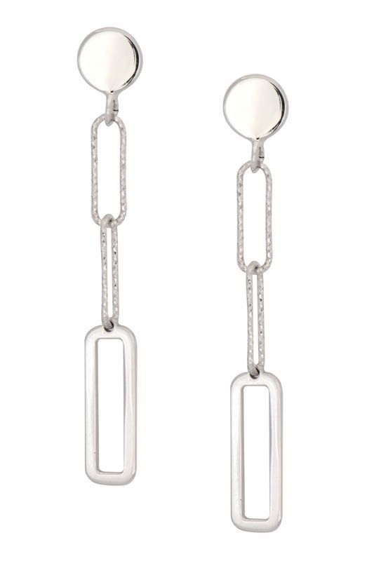 Silver drop earrings with geometric links and round top.