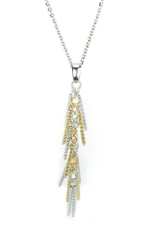 Silver and gold pendant necklace with a tiered fringe design.