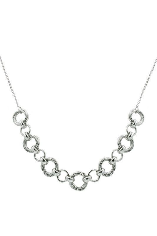 Silver necklace with textured circular links.