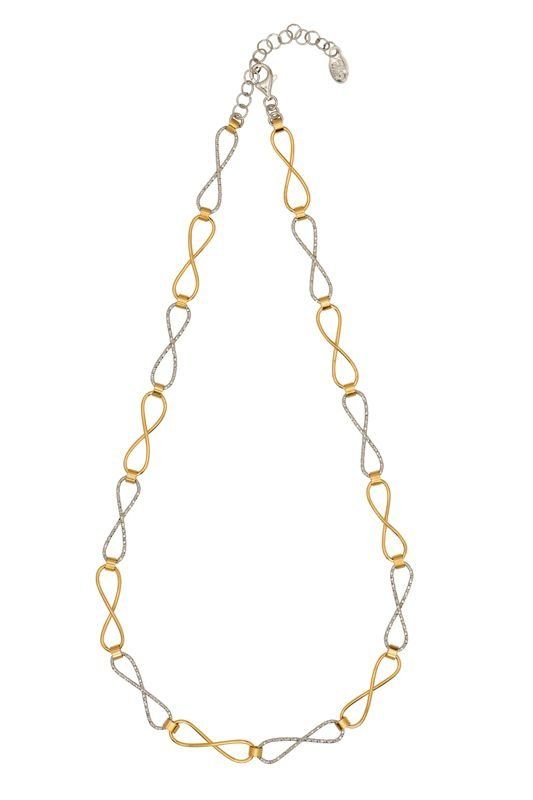 Gold and silver infinity-link necklace against a white background.