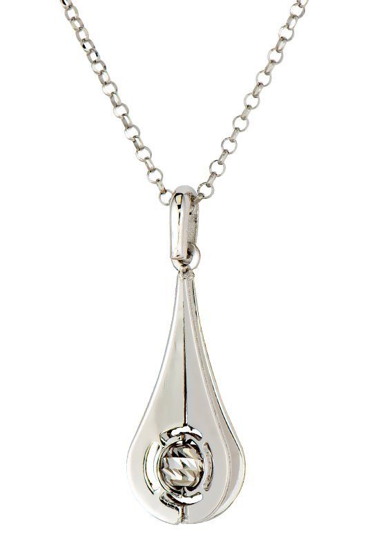 Silver pendant necklace with teardrop-shaped pendant and oval diamond.