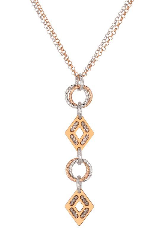 Rose gold and diamond pendant necklace with two circles and two diamond-shaped elements.