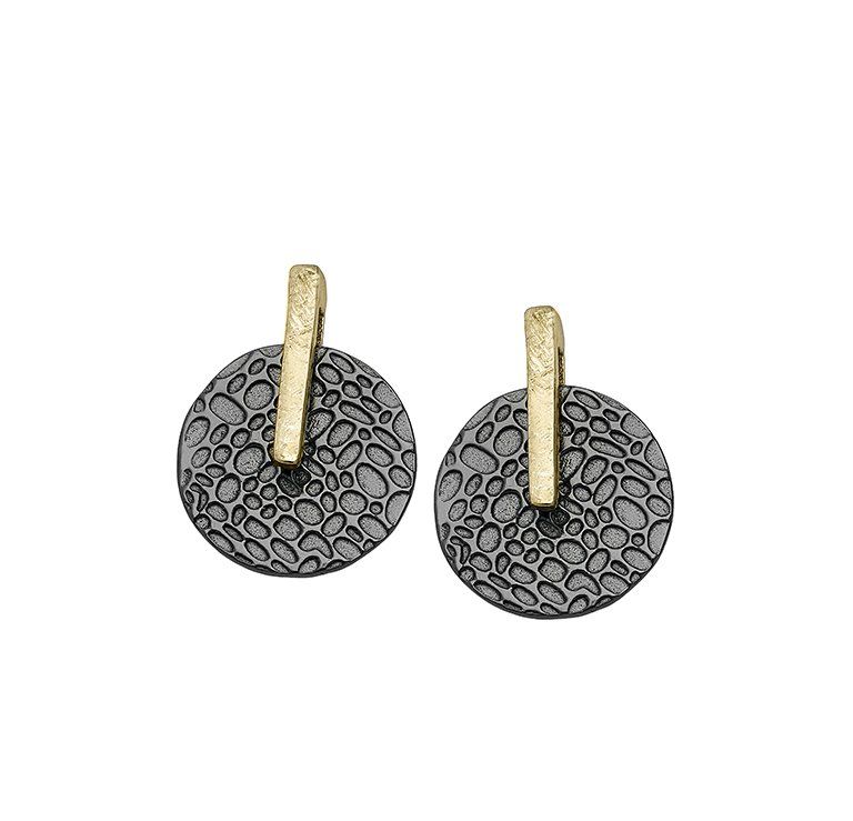 Two gold-accented, round textured earrings with a silver-gray base.