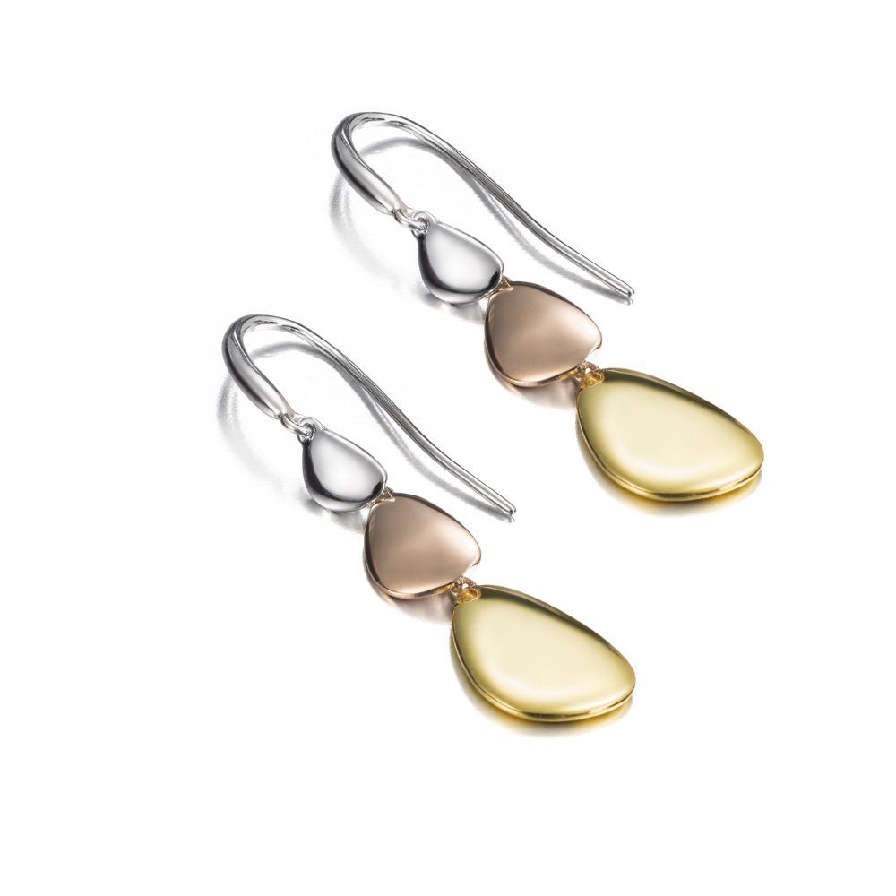 Silver and gold teardrop earrings on a white background.