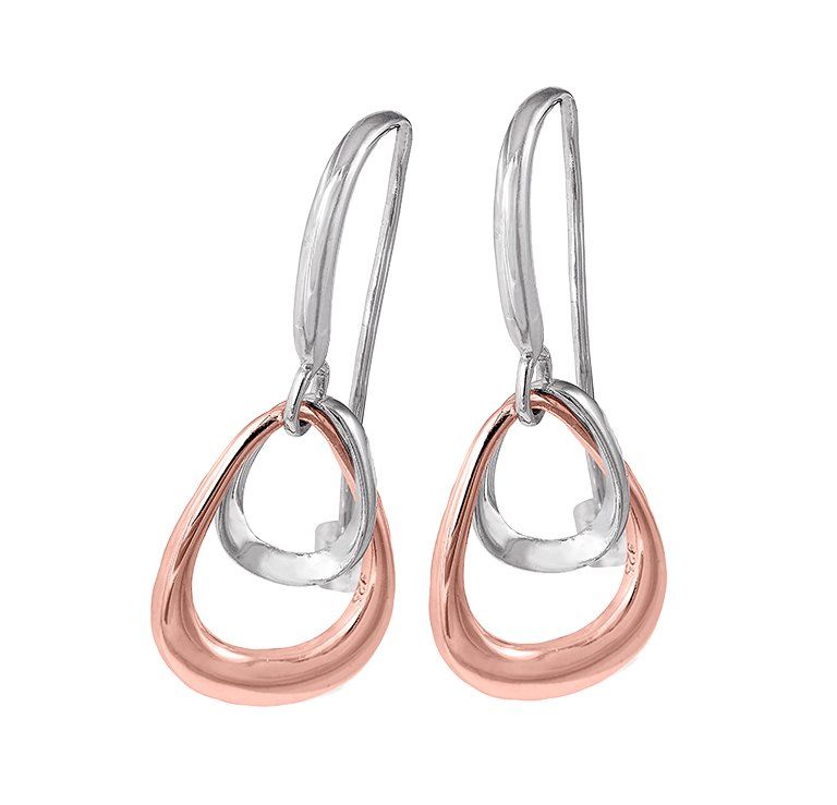 Two-toned teardrop earrings: silver top, rose-gold bottom teardrop, dangling from a silver hook.