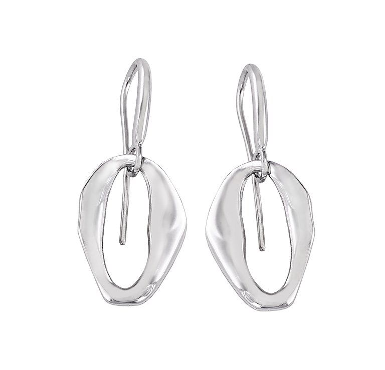 Silver drop earrings with abstract oval shapes and hook closures.