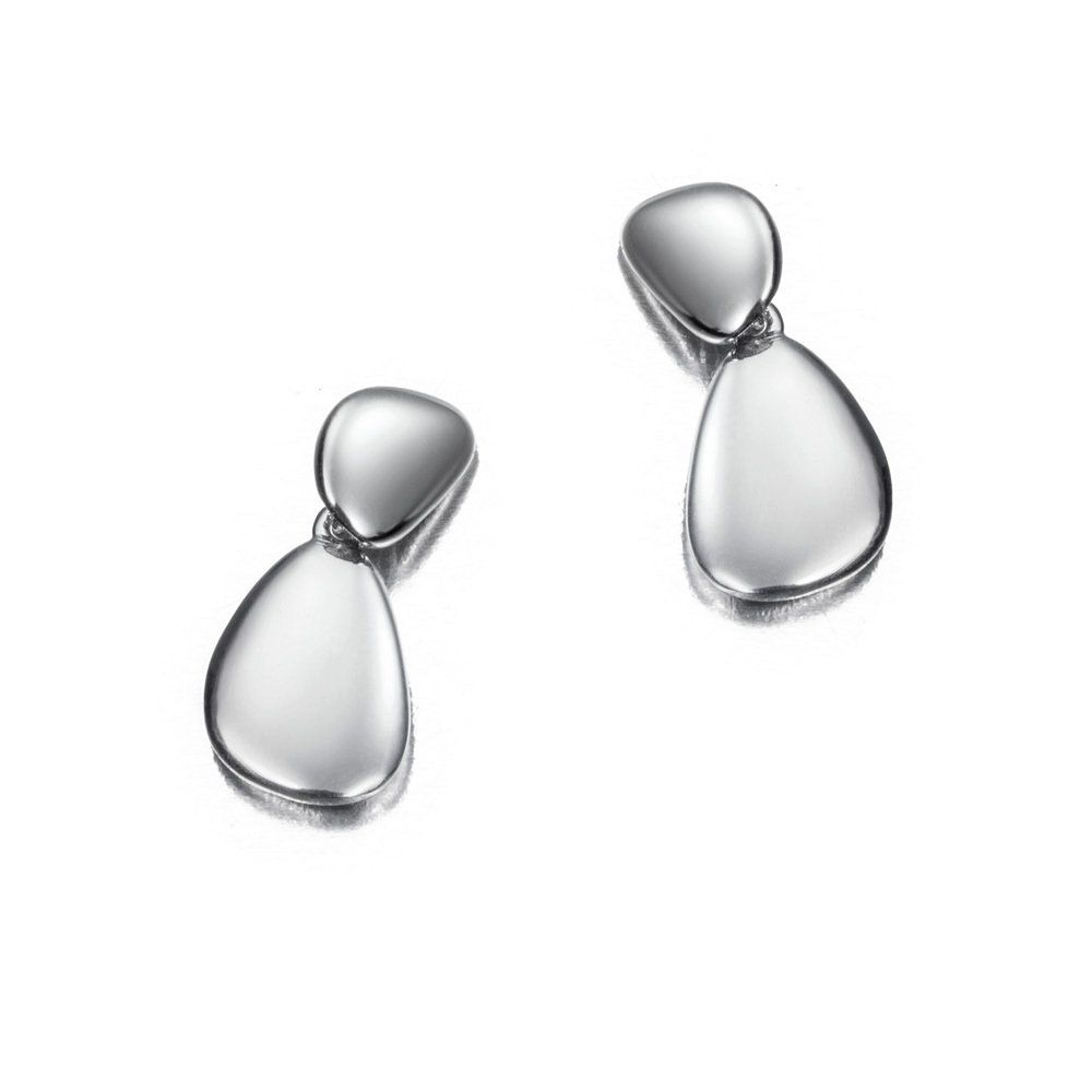 Silver teardrop-shaped earrings against a white background.