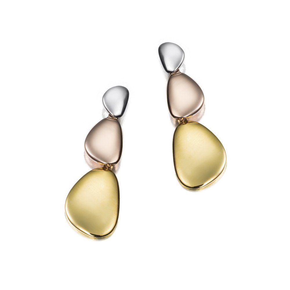Gold, rose gold, and silver-toned drop earrings. Three layered pebble-shaped metal pieces on each earring.
