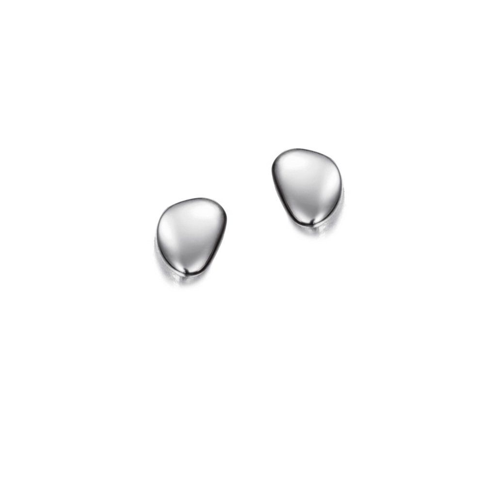 Silver pebble-shaped stud earrings against a white background.