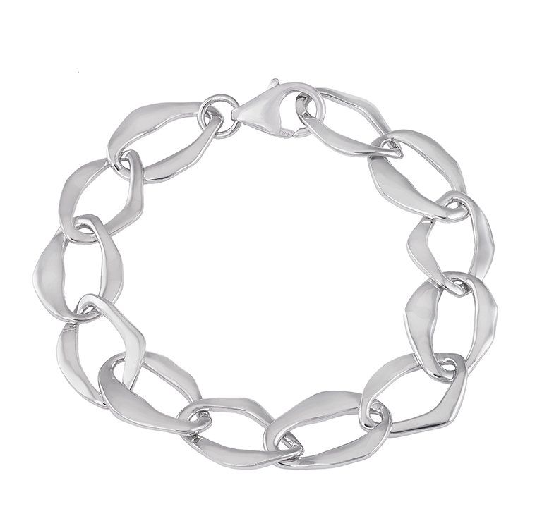 Silver chain-link bracelet with irregular oval links, secured by a clasp.